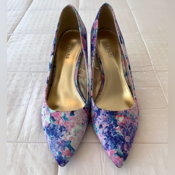 Sears Abstract Floral Print Point Tie Stiletto Angie Heels Size 7.5 - Picture 7 of 16
